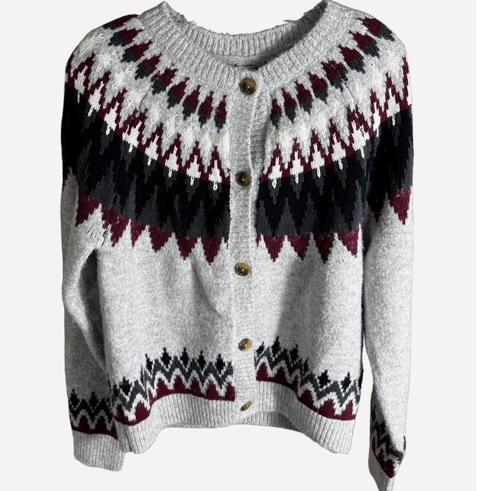 Lucky Brand Women Grey Fair Isle Knit Button Front Cardigan Sweater Size Medium